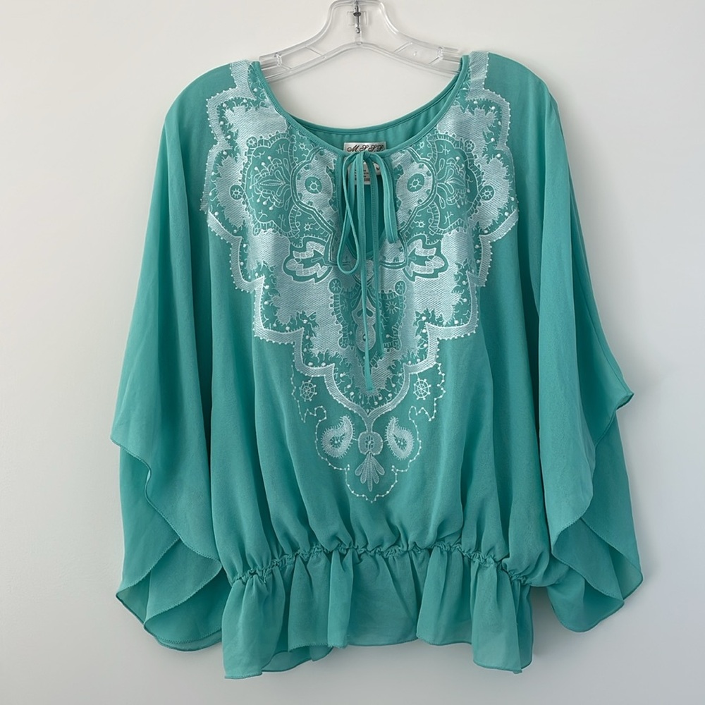 Max Studio Embroidered Aqua Blue Blouse Boho Top - Size M